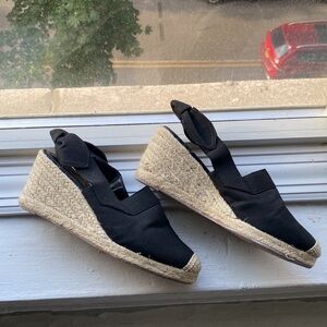 LAUREN Ralph Lauren canvas wedges, black and cream, size 7